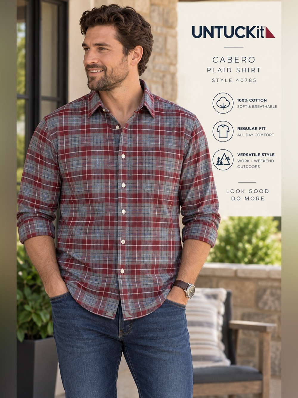UNTUCKit Cabero Men’s Large Gray Burgundy Plaid Flannel Shirt Cotton